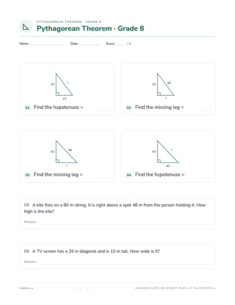 Beginner Grade 8 pythagorean theorem worksheet, page one
