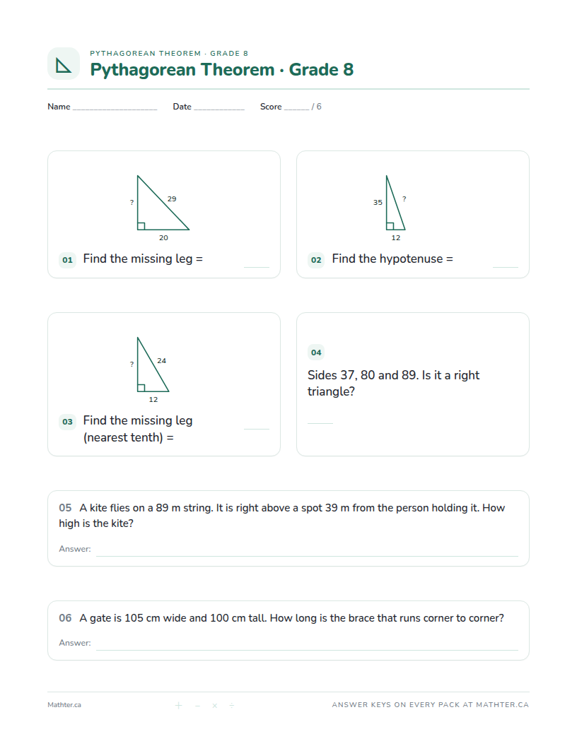 Advanced Grade 8 pythagorean theorem worksheet, page one