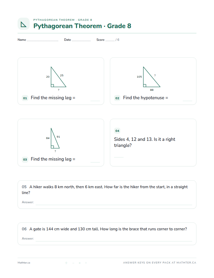 Intermediate Grade 8 pythagorean theorem worksheet, page one