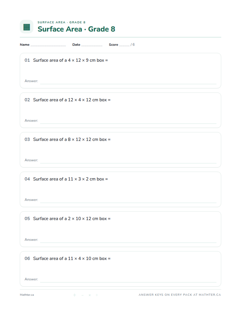 Intermediate Grade 8 surface area worksheet, page one