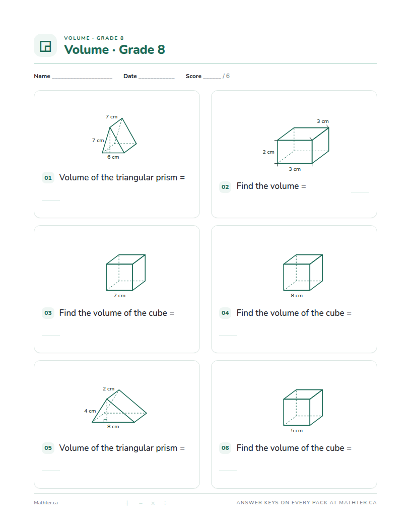 Beginner Grade 8 volume worksheet, page one