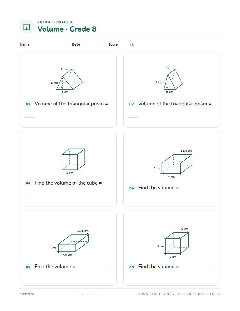 Intermediate Grade 8 volume worksheet, page one