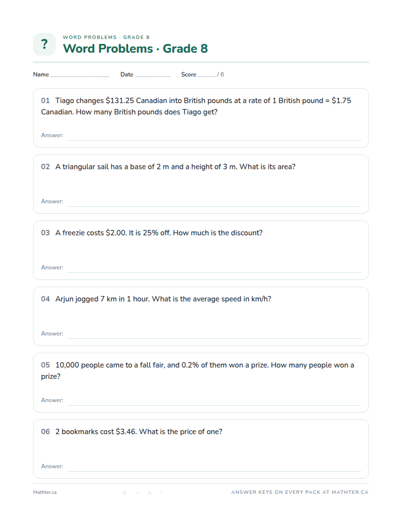 Beginner Grade 8 word problem worksheet, page one