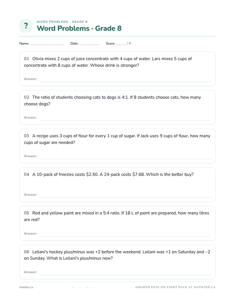 Advanced Grade 8 word problem worksheet, page one