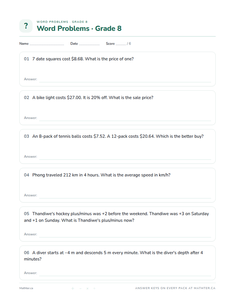Intermediate Grade 8 word problem worksheet, page one