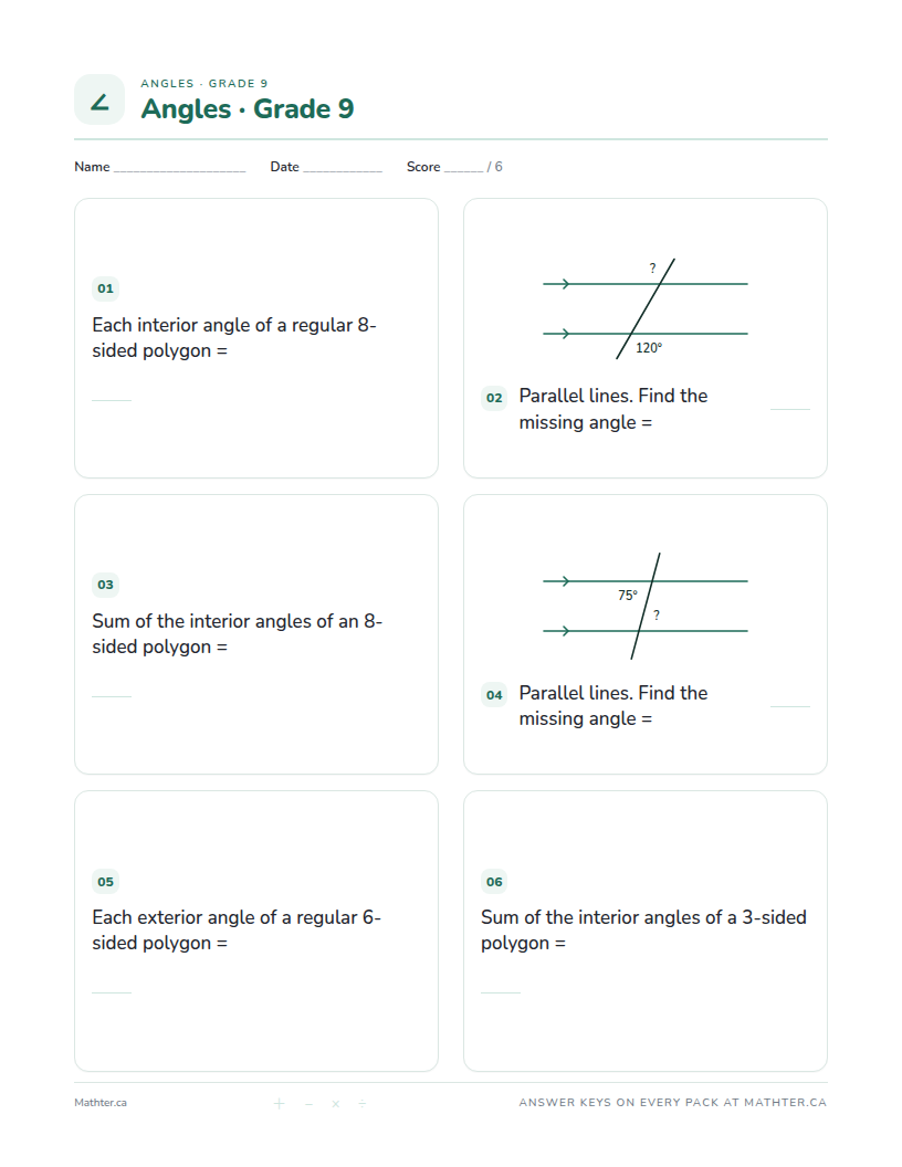 Beginner Grade 9 angles worksheet, page one