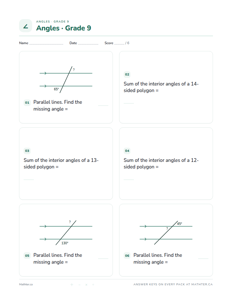 Advanced Grade 9 angles worksheet, page one