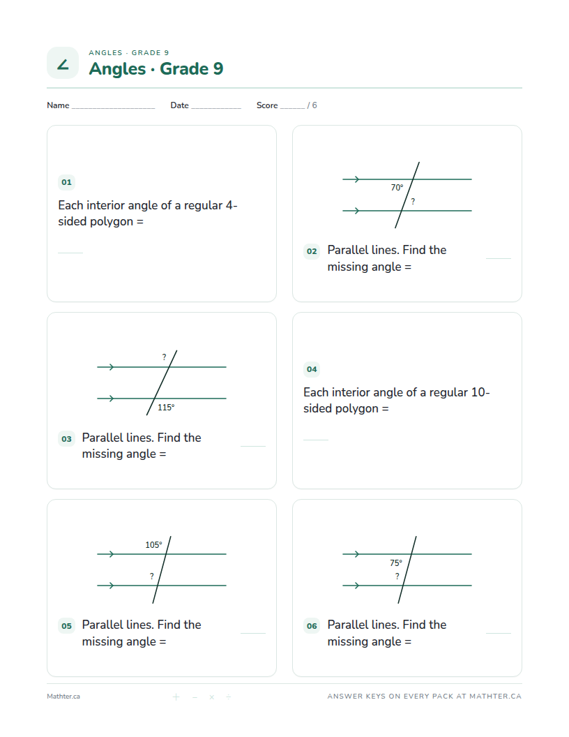 Intermediate Grade 9 angles worksheet, page one