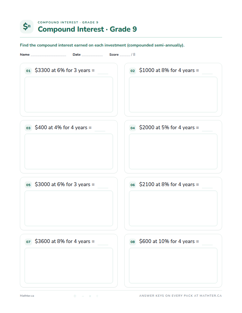 Advanced Grade 9 compound interest worksheet, page one