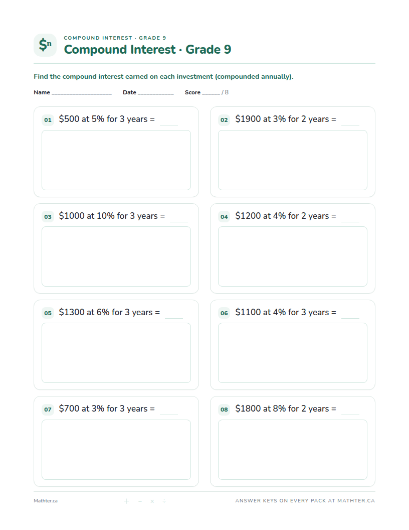 Intermediate Grade 9 compound interest worksheet, page one