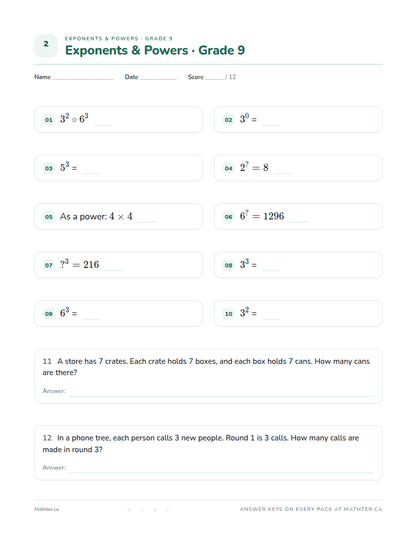 Beginner Grade 9 exponents worksheet, page one