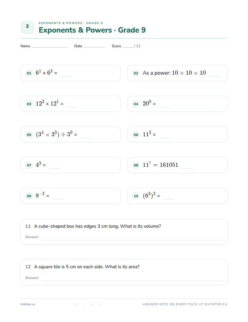 Advanced Grade 9 exponents worksheet, page one