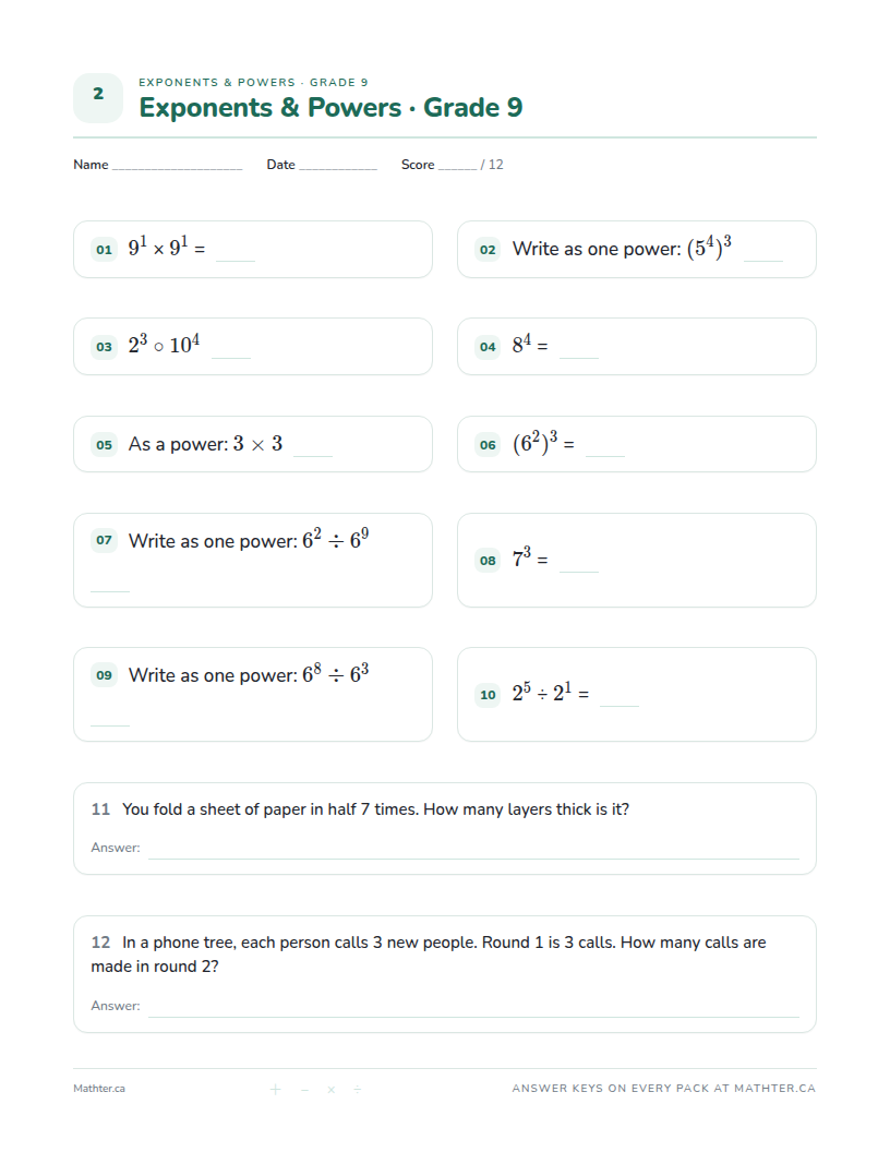 Intermediate Grade 9 exponents worksheet, page one