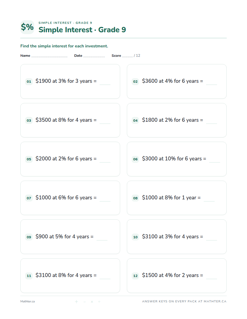 Advanced Grade 9 simple interest worksheet, page one