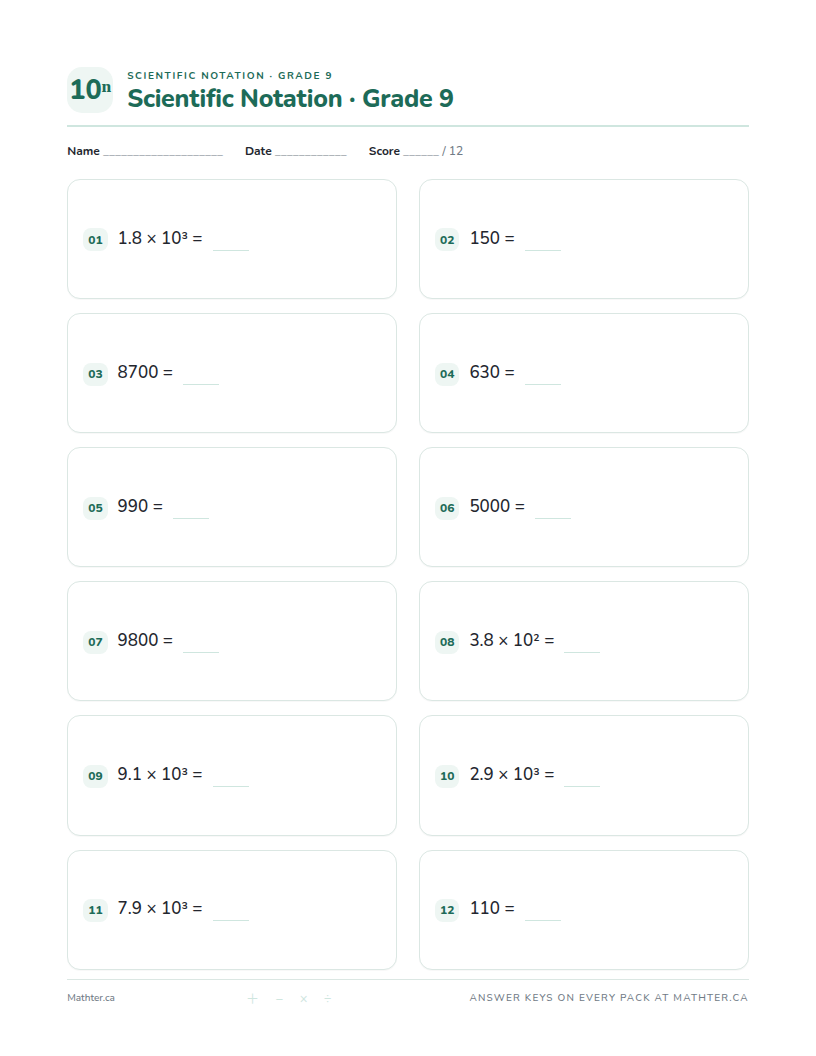 Beginner Grade 9 scientific notation worksheet, page one