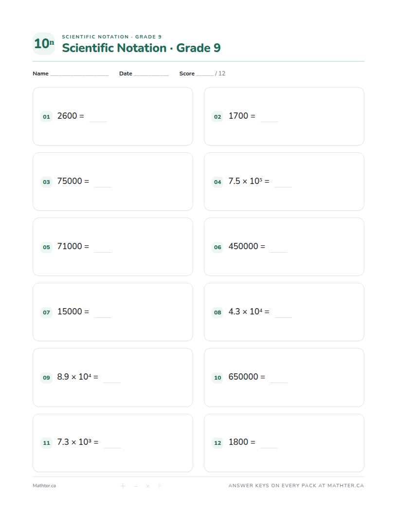 Intermediate Grade 9 scientific notation worksheet, page one