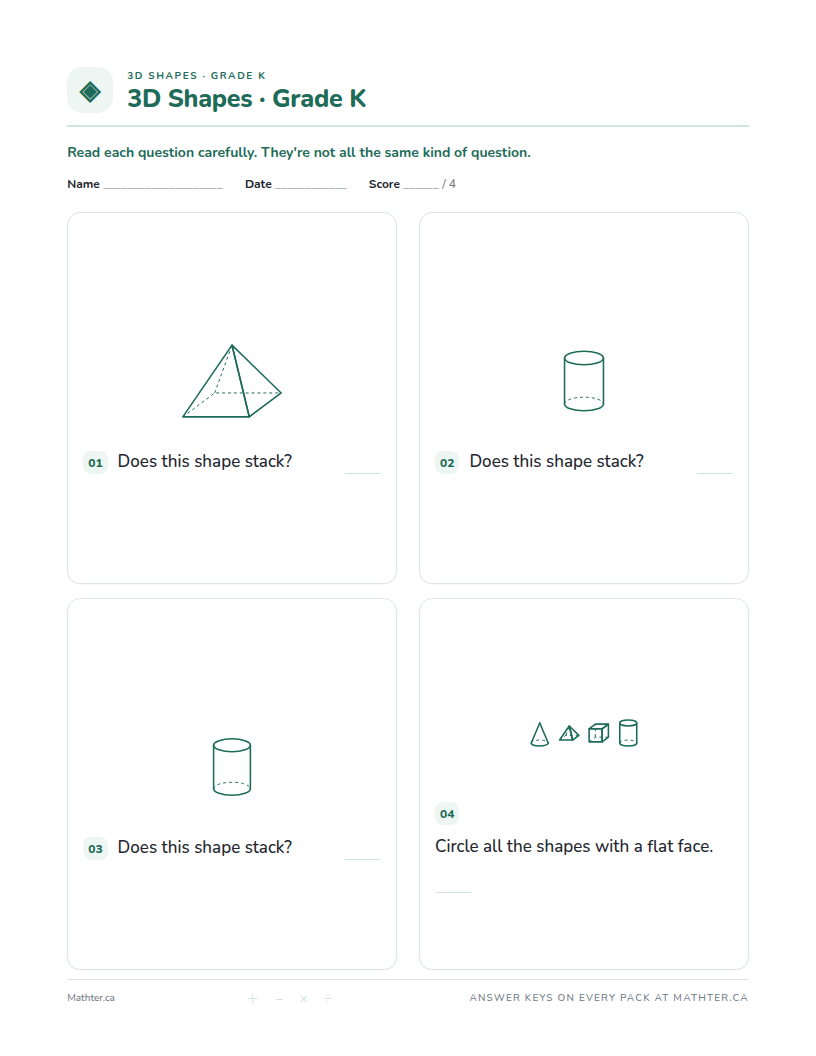 Beginner Grade K 3d shapes worksheet, page one