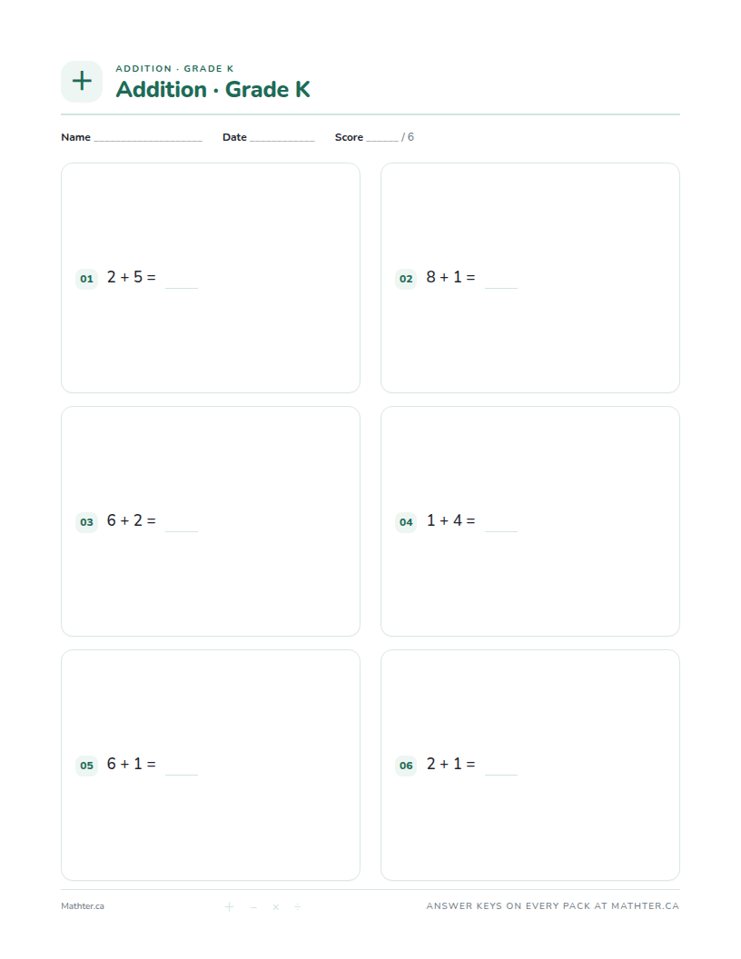 Intermediate Grade K addition worksheet, page one