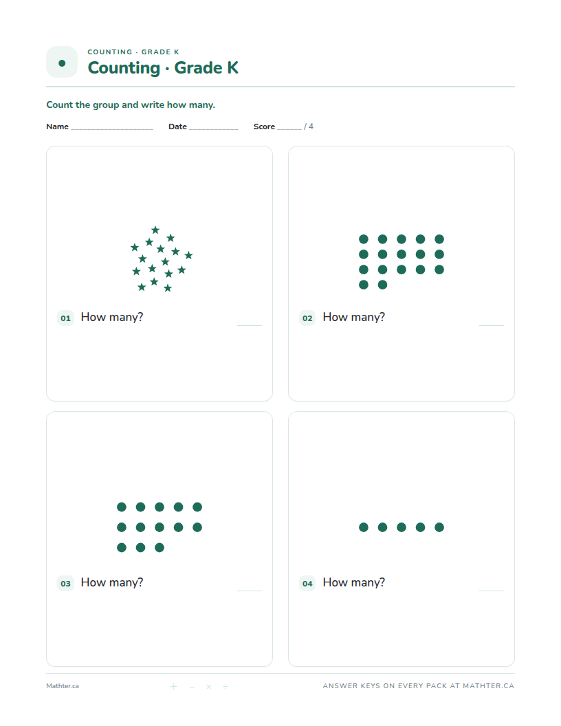 Intermediate Grade K counting worksheet, page one