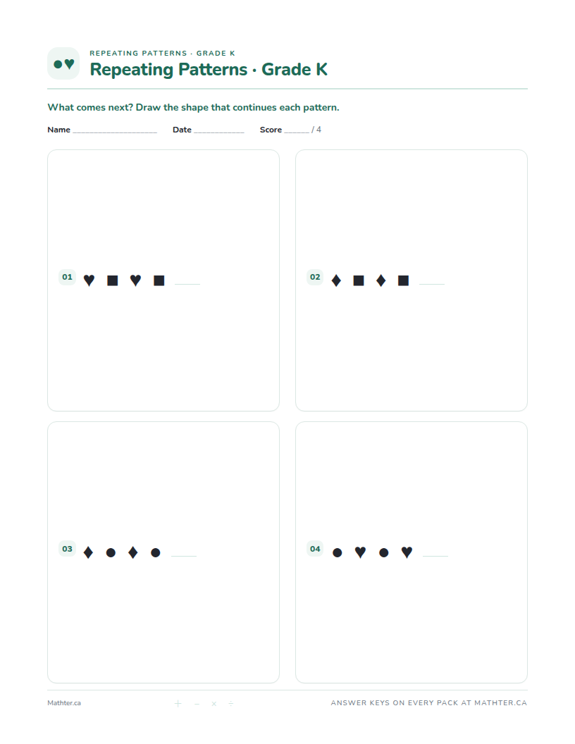 Beginner Grade K repeating pattern worksheet, page one