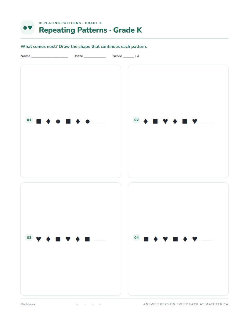 Advanced Grade K repeating pattern worksheet, page one