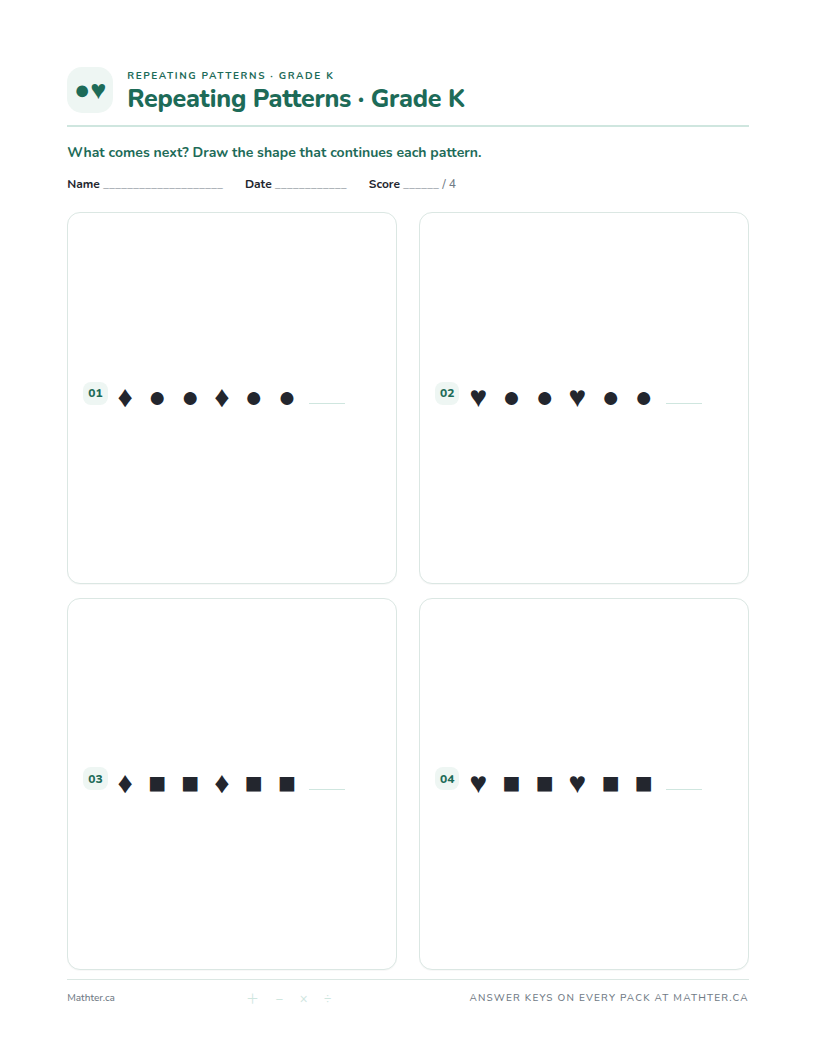 Intermediate Grade K repeating pattern worksheet, page one