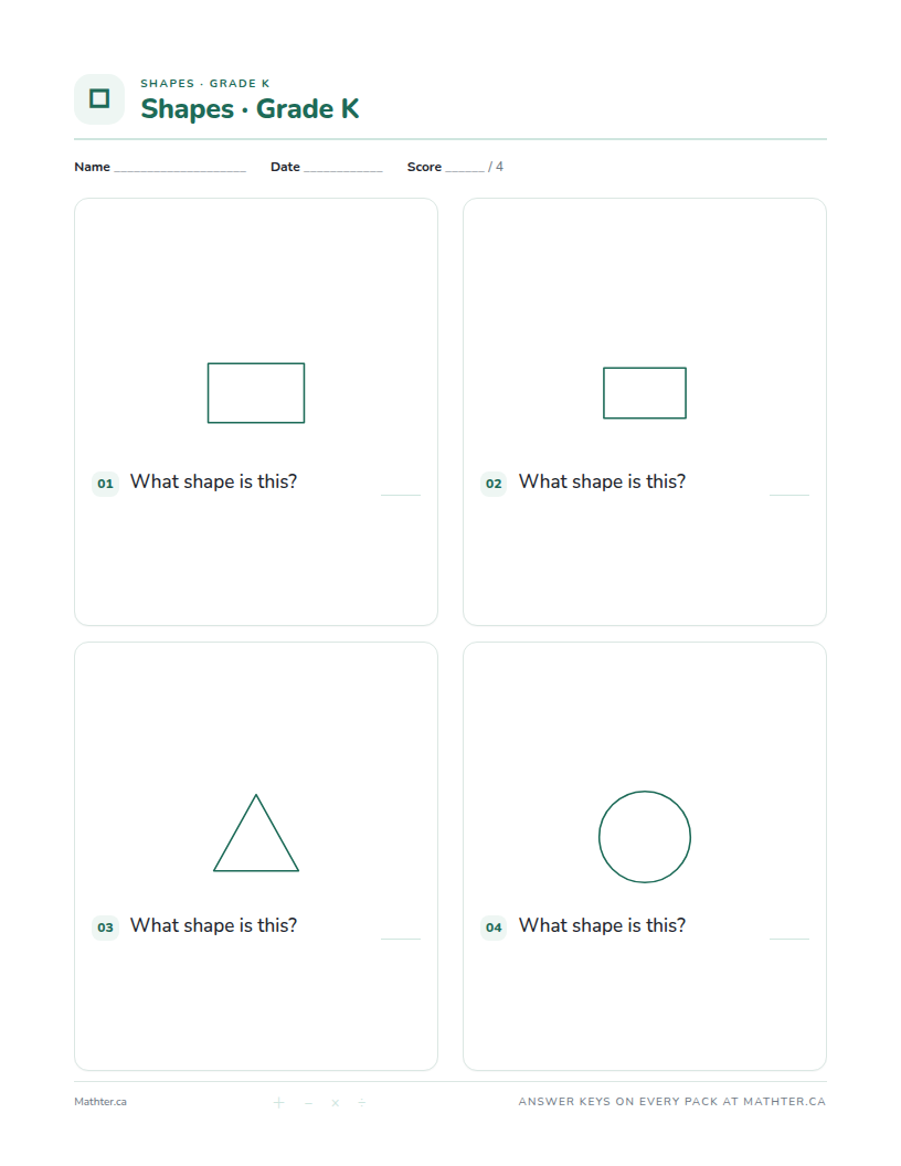 Beginner Grade K shapes worksheet, page one