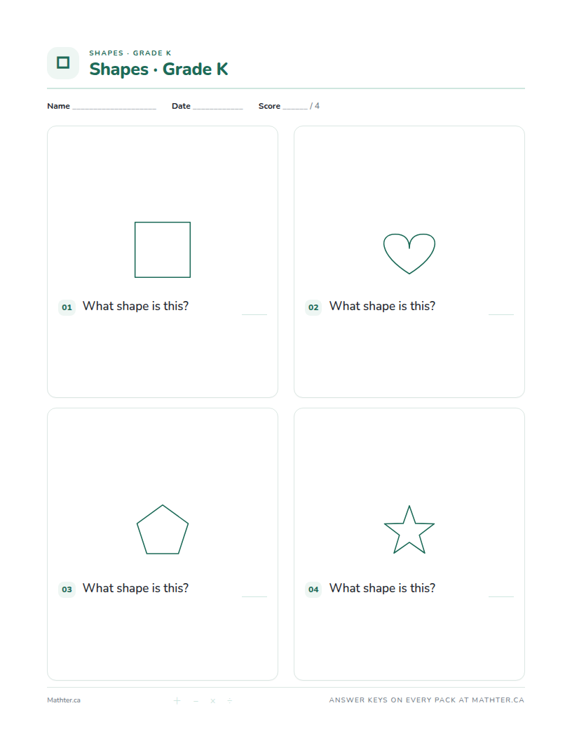 Intermediate Grade K shapes worksheet, page one