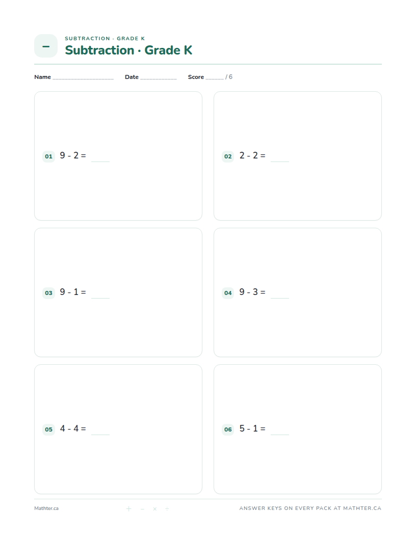 Advanced Grade K subtraction worksheet, page one